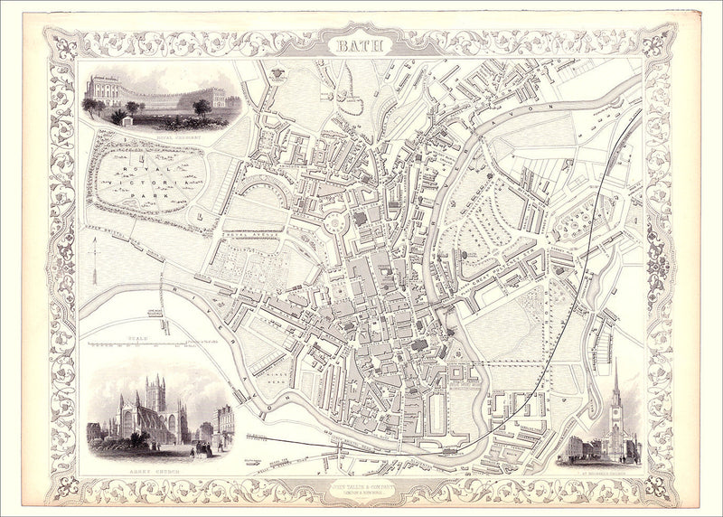 Classic Vintage City Map of Bath, England 1851