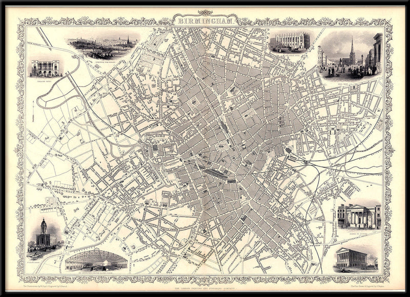 Classic Vintage City Map of Birmingham, England 1851