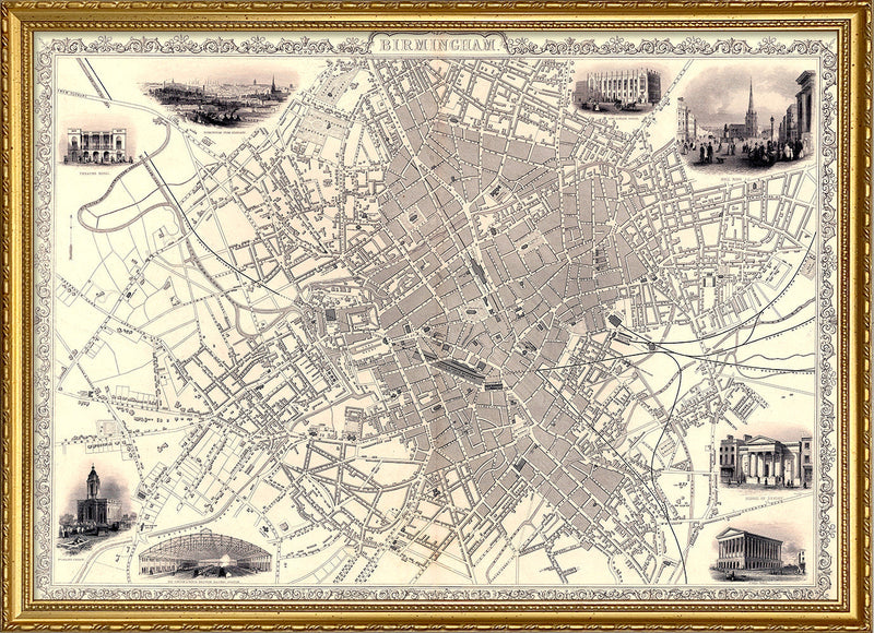 Classic Vintage City Map of Birmingham, England 1851