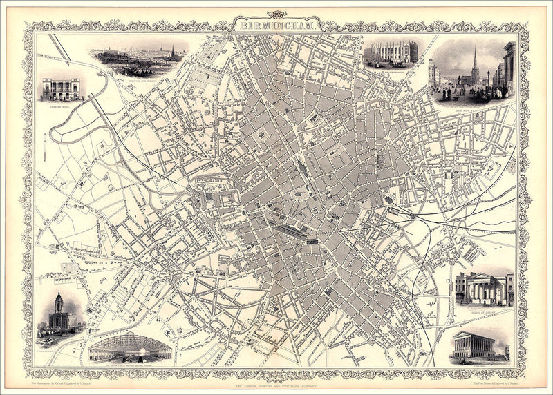 Classic Vintage City Map of Birmingham, England 1851