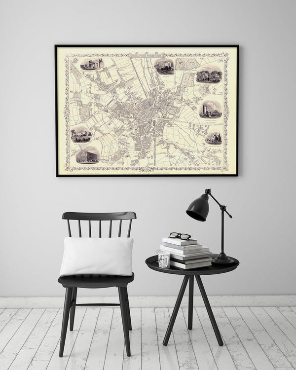 Classic Vintage City Map of Bradford, England 1851