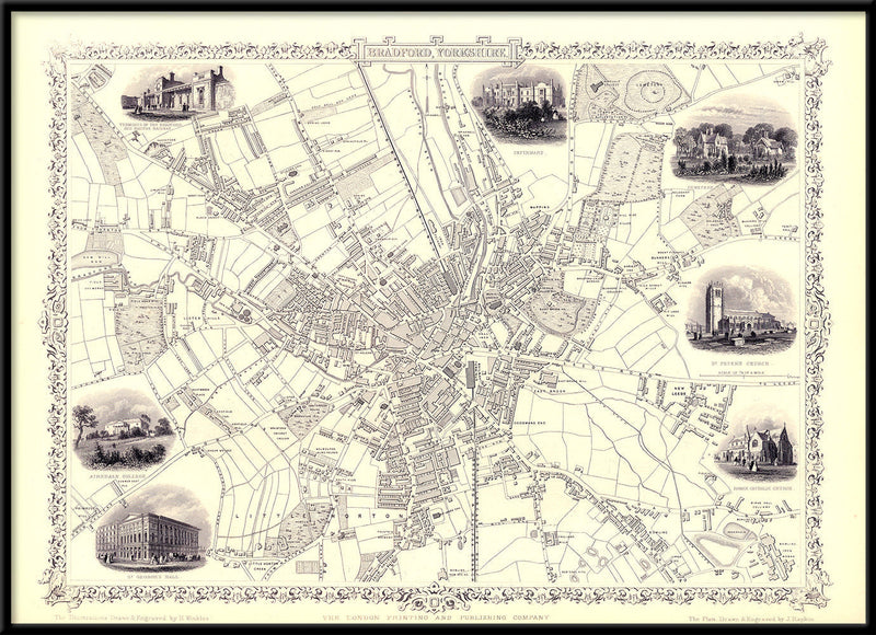 Classic Vintage City Map of Bradford, England 1851