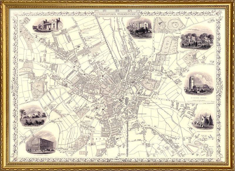 Classic Vintage City Map of Bradford, England 1851
