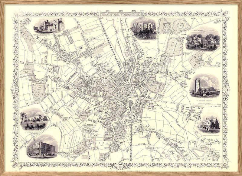Classic Vintage City Map of Bradford, England 1851