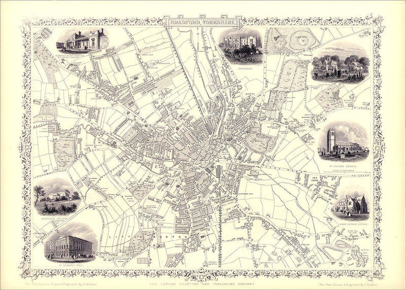 Classic Vintage City Map of Bradford, England 1851