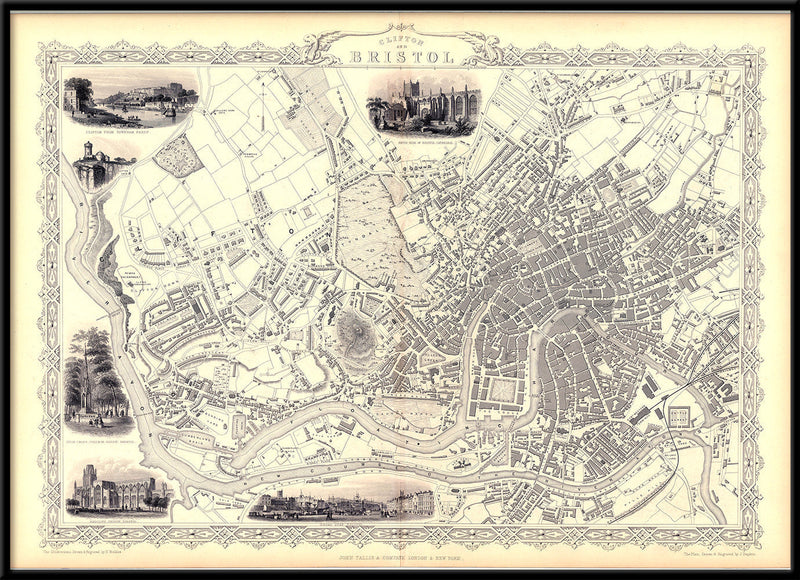 Classic Vintage City Map of Bristol, England 1851