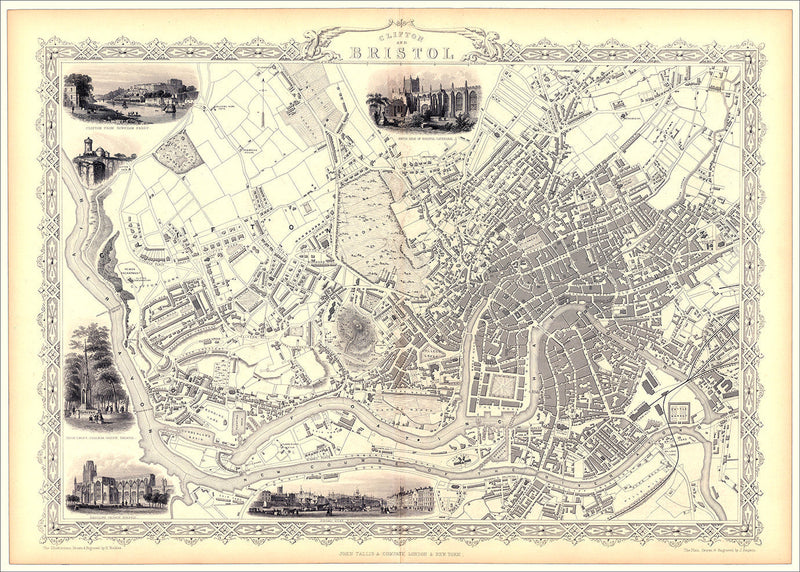 Classic Vintage City Map of Bristol, England 1851