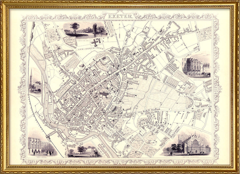 Classic Vintage City Map of Exeter, England 1851