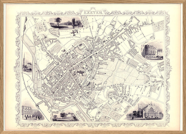 Classic Vintage City Map of Exeter, England 1851