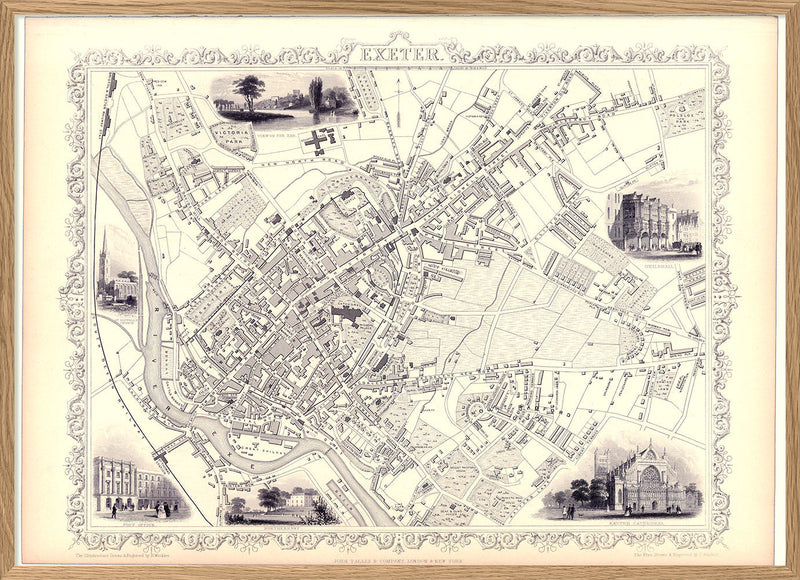Classic Vintage City Map of Exeter, England 1851