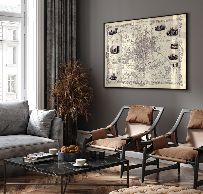 Classic Vintage City Map of Leeds, England 1851