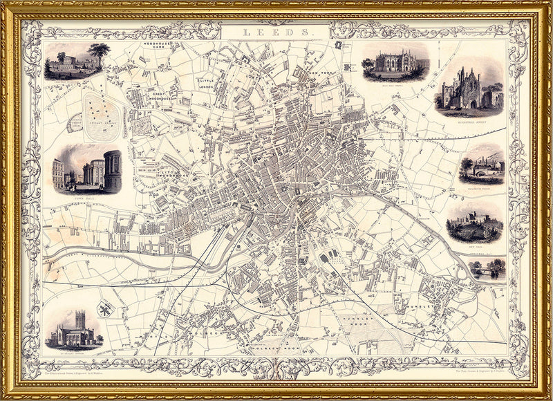 Classic Vintage City Map of Leeds, England 1851