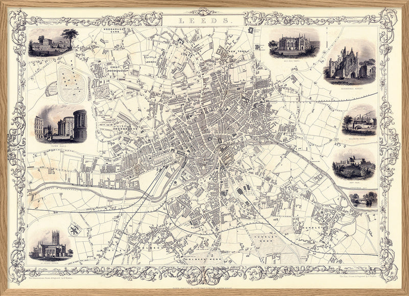 Classic Vintage City Map of Leeds, England 1851