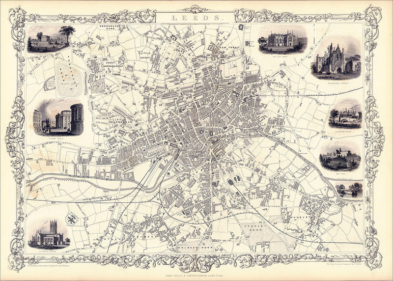 Classic Vintage City Map of Leeds, England 1851