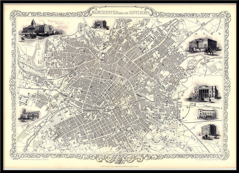Classic Vintage City Map of Manchester, England 1851