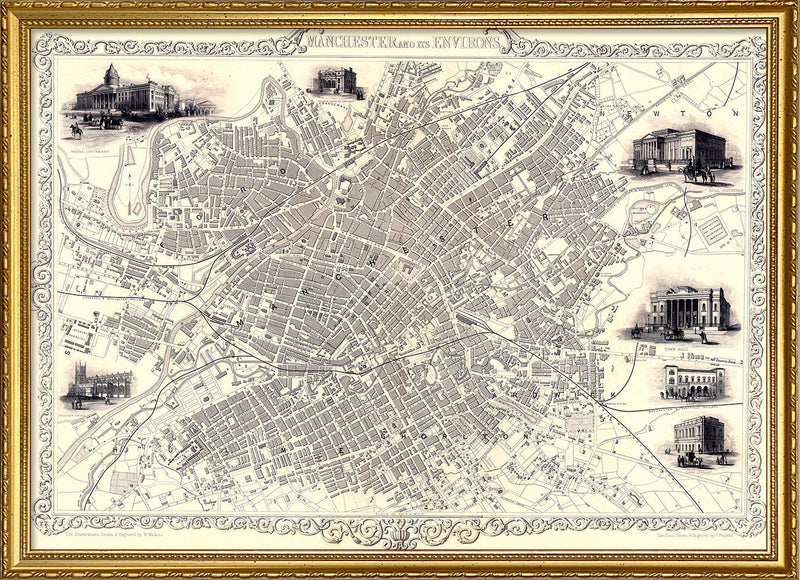Classic Vintage City Map of Manchester, England 1851