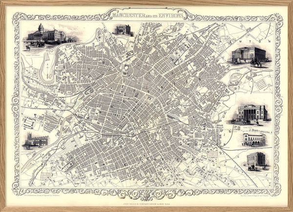 Classic Vintage City Map of Manchester, England 1851