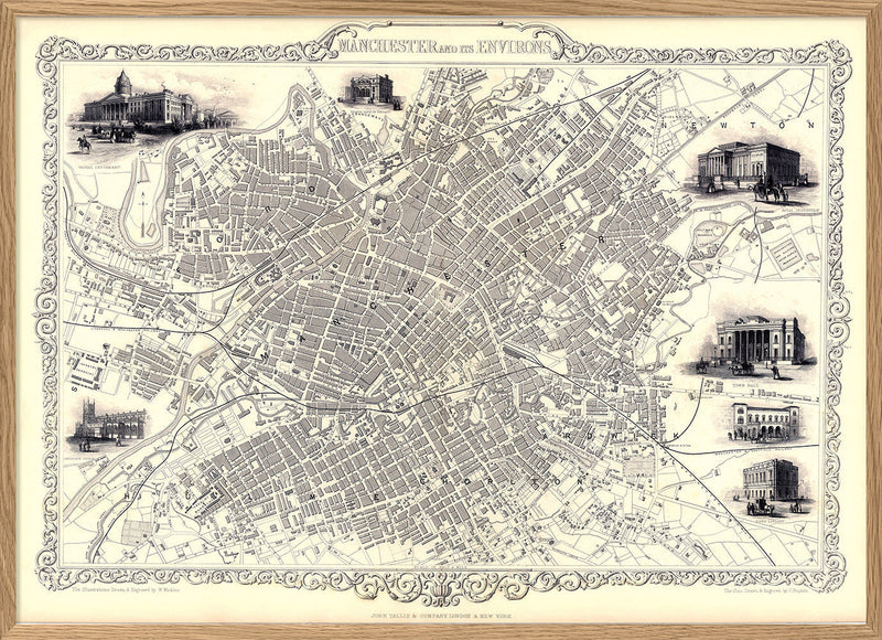 Classic Vintage City Map of Manchester, England 1851