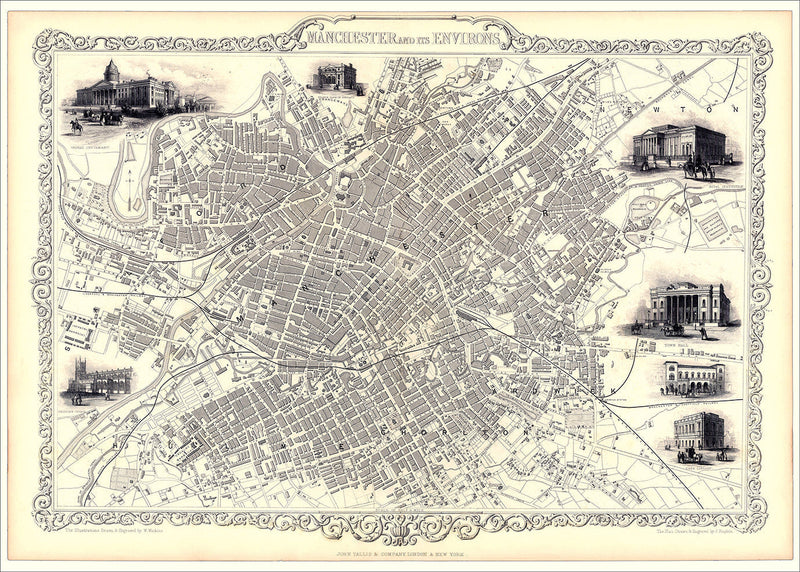 Classic Vintage City Map of Manchester, England 1851