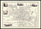 Classic Vintage City Map of Newcastle, England 1851