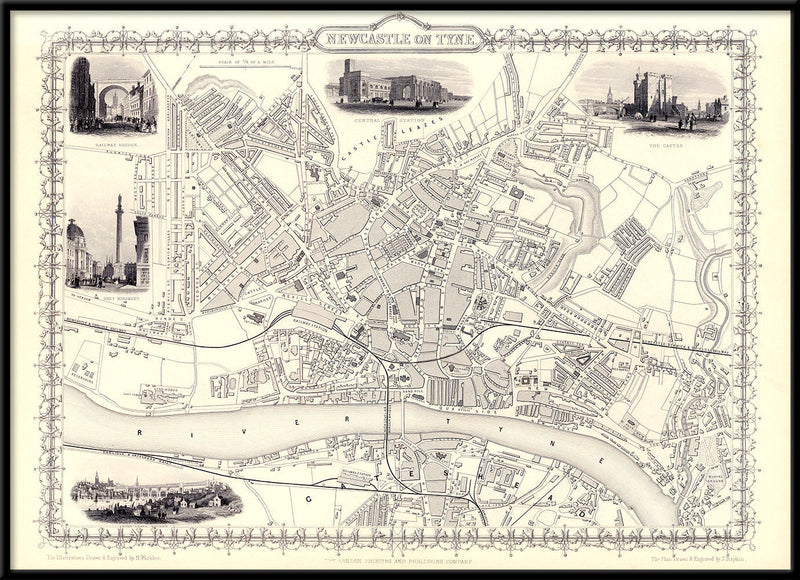 Classic Vintage City Map of Newcastle, England 1851