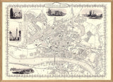 Classic Vintage City Map of Newcastle, England 1851