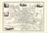 Classic Vintage City Map of Newcastle, England 1851