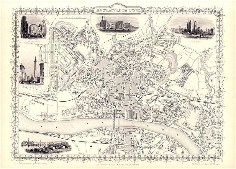 Classic Vintage City Map of Newcastle, England 1851