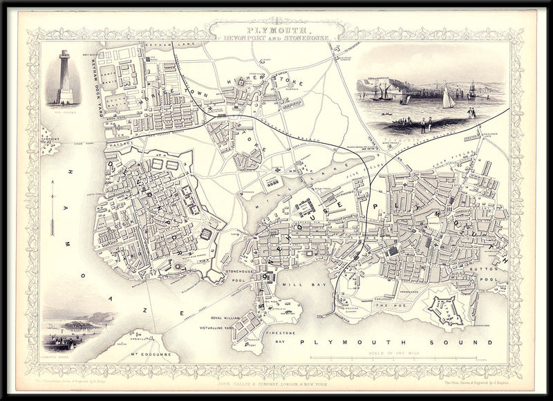 Classic Vintage City Map of Plymouth, England 1851