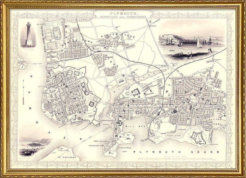 Classic Vintage City Map of Plymouth, England 1851