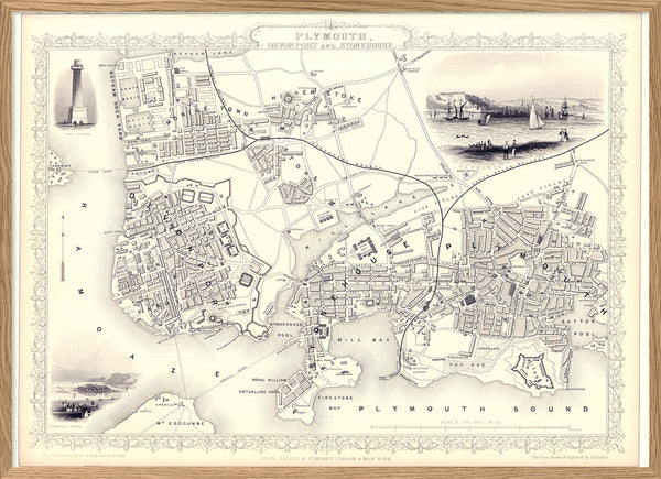 Classic Vintage City Map of Plymouth, England 1851
