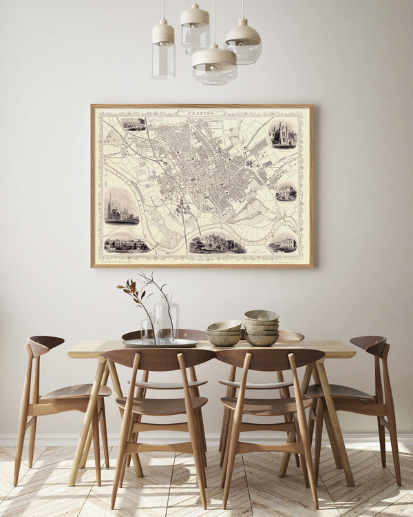 Classic Vintage City Map of Preston, England 1851