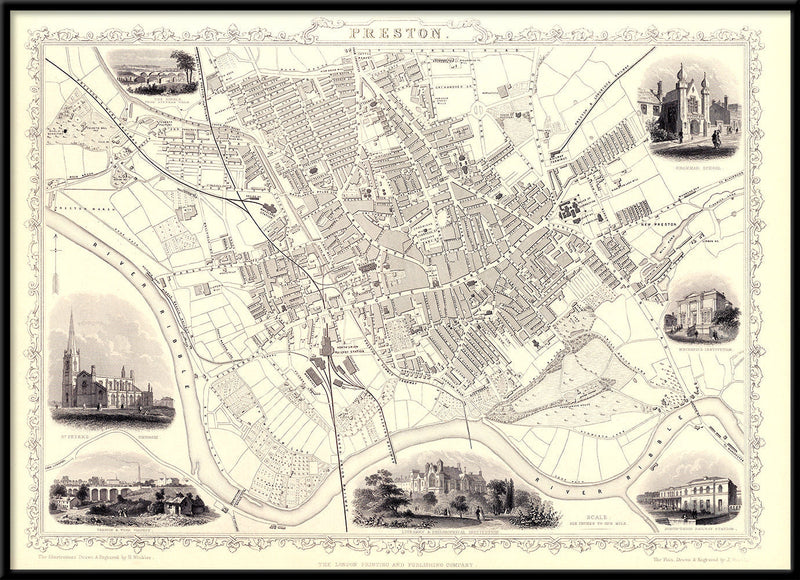 Classic Vintage City Map of Preston, England 1851