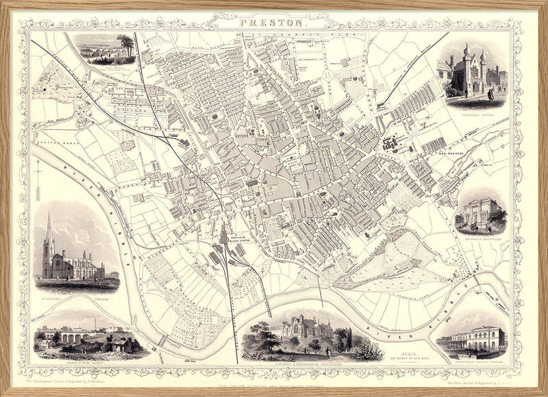 Classic Vintage City Map of Preston, England 1851