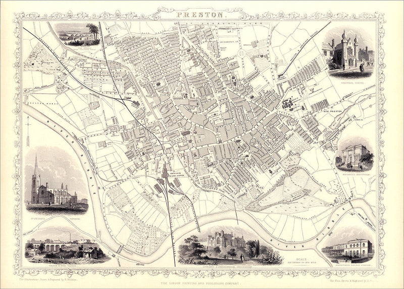 Classic Vintage City Map of Preston, England 1851