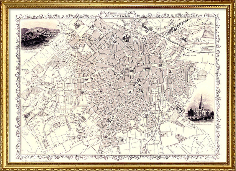 Classic Vintage City Map of Sheffield, England 1851