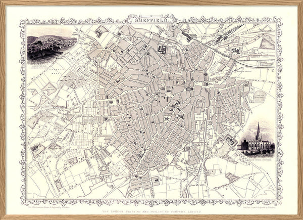 Classic Vintage City Map of Sheffield, England 1851