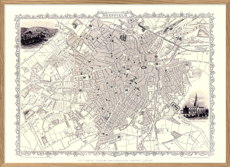 Classic Vintage City Map of Sheffield, England 1851