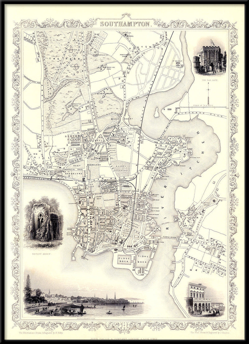 Classic Vintage City Map of Southampton, England 1851
