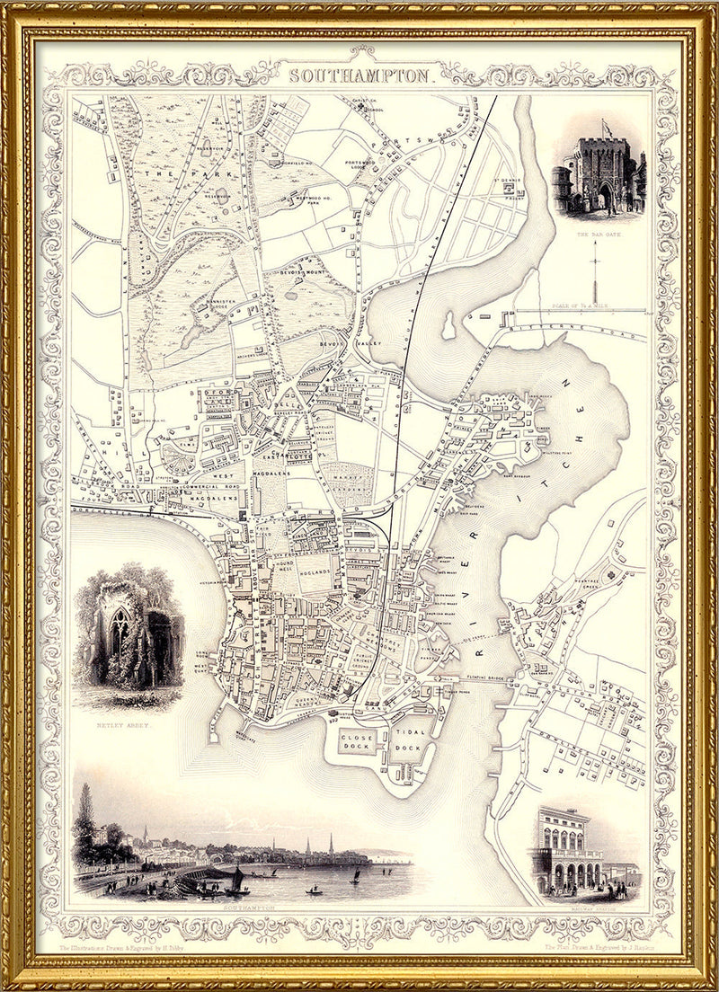 Classic Vintage City Map of Southampton, England 1851