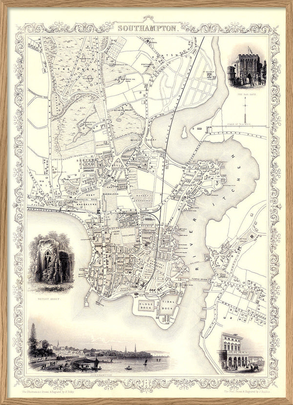 Classic Vintage City Map of Southampton, England 1851