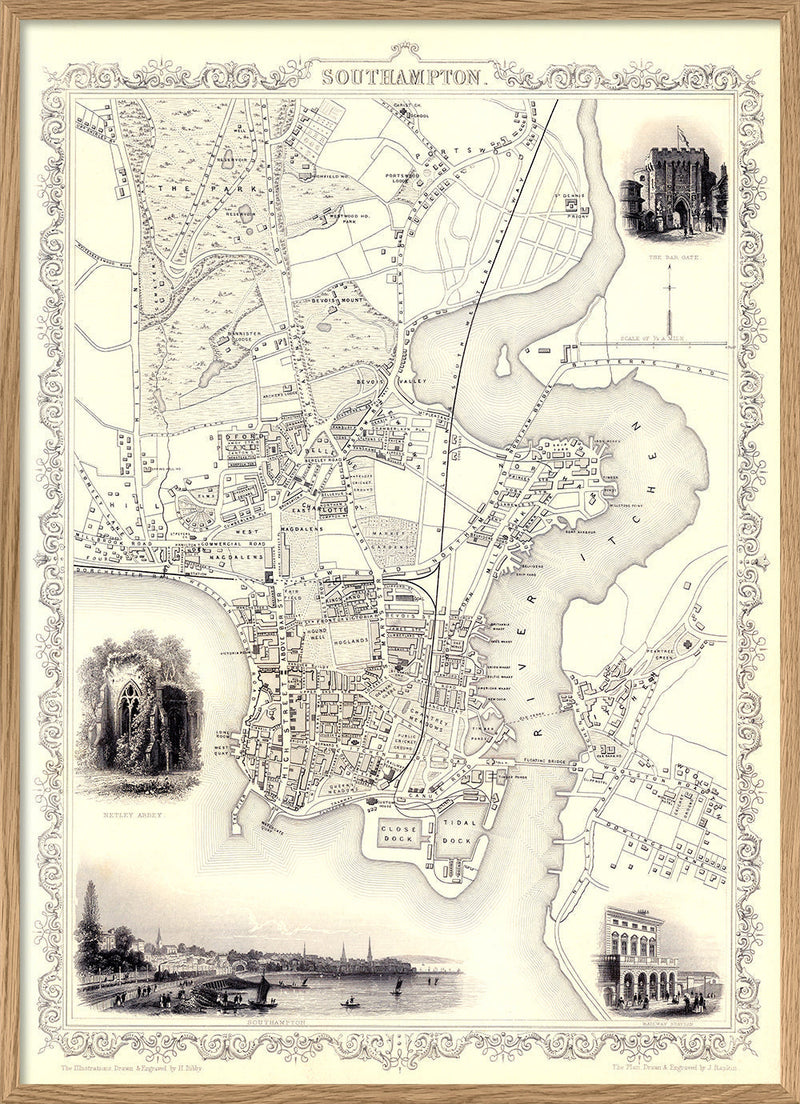 Classic Vintage City Map of Southampton, England 1851