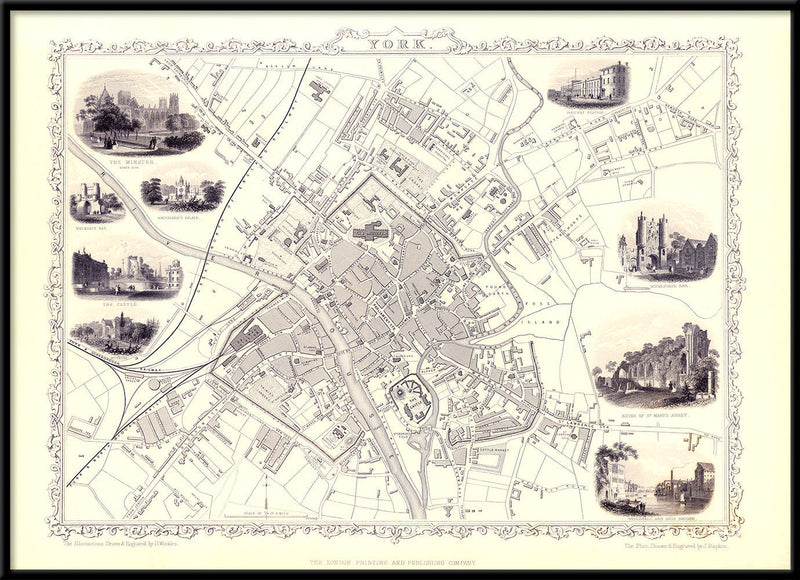 Classic Vintage City Map of York, England 1851