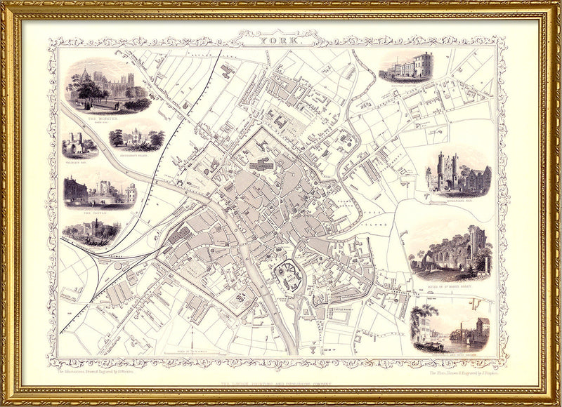 Classic Vintage City Map of York, England 1851
