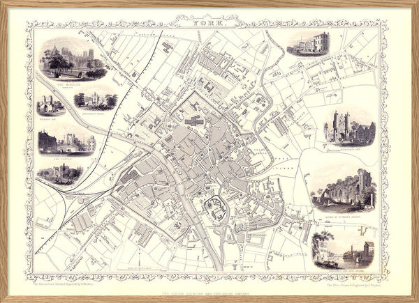 Classic Vintage City Map of York, England 1851