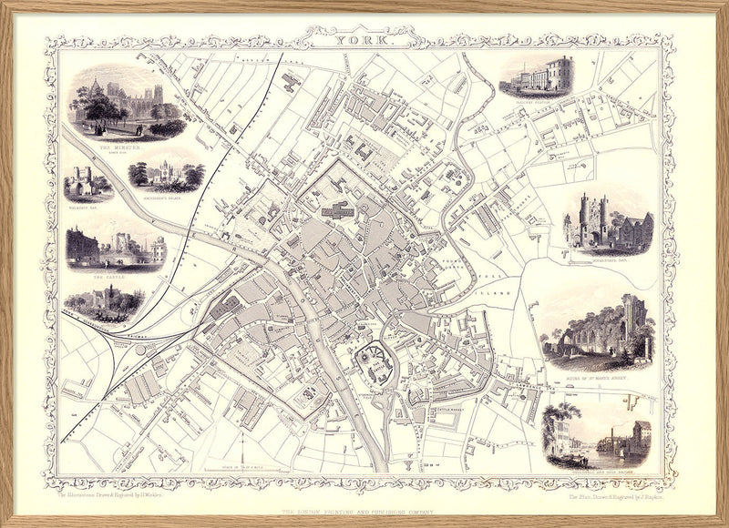 Classic Vintage City Map of York, England 1851