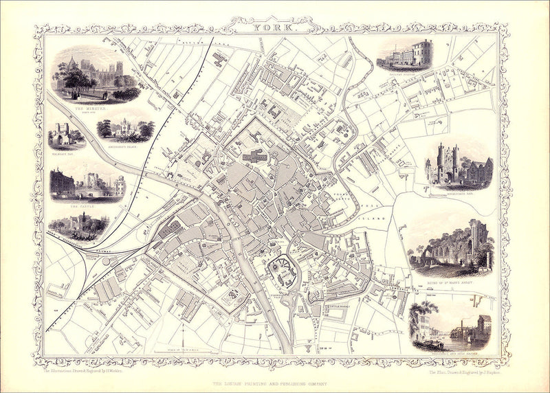 Classic Vintage City Map of York, England 1851