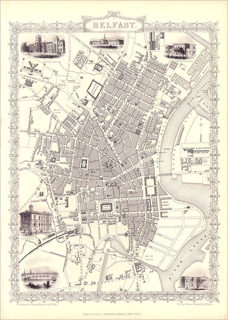 Classic Vintage City Map of Belfast 1851