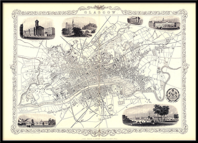 Classic Vintage City Map of Glasgow, Scotland 1851