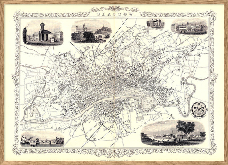 Classic Vintage City Map of Glasgow, Scotland 1851
